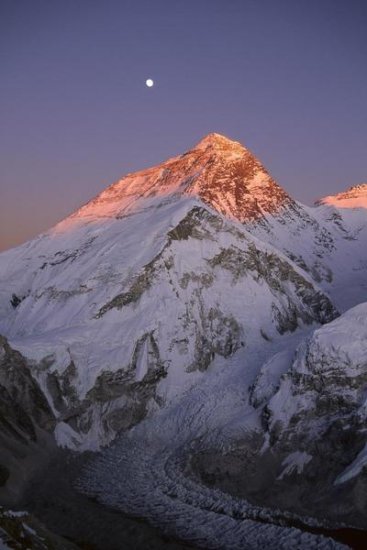 Moon over Summit of Mount Everest and Khumbu Glacier, Sagarmatha NP, Nepal