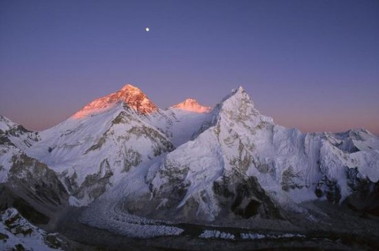 Moon over Summit of Mount Everest, Lhotse and Nupse, Sararmatha, NP, Nepal