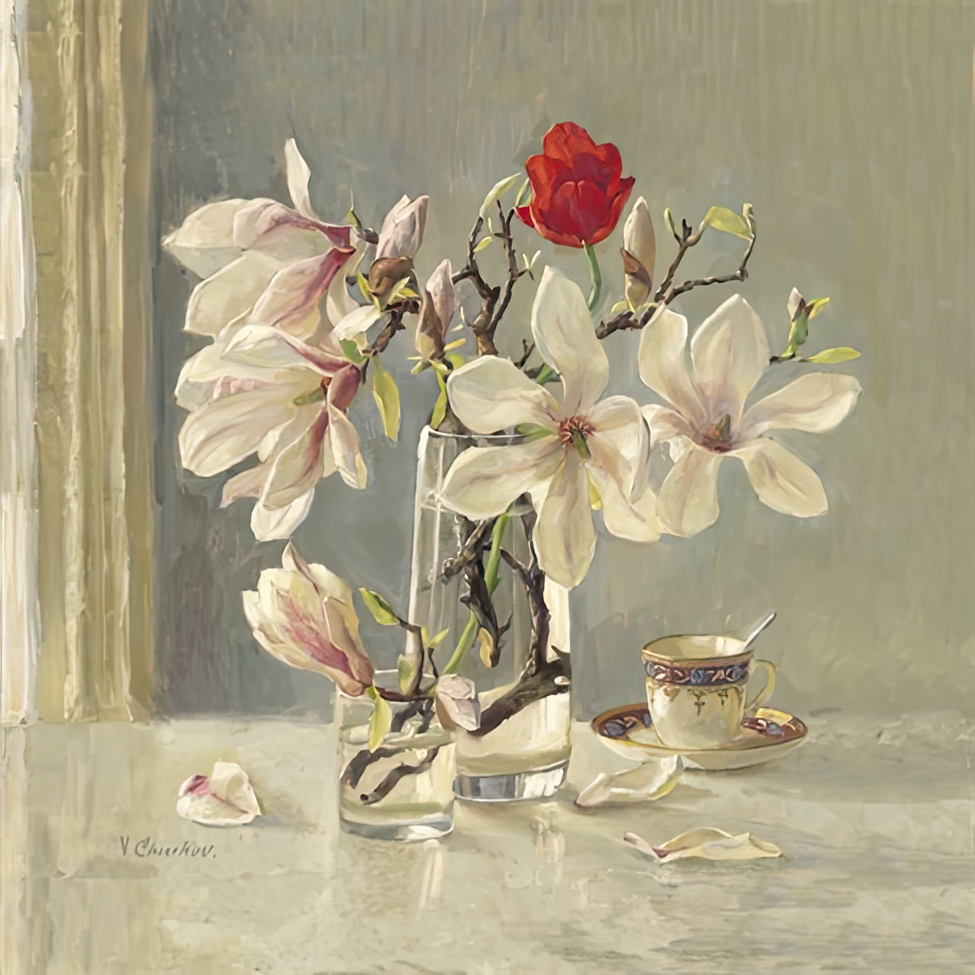 Magnolia and Red Tulip