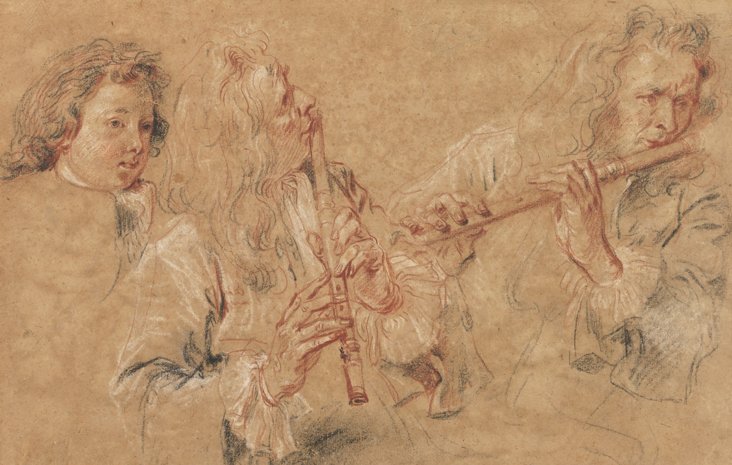 Two Studies of a Flutist and a Study of the Head of a Boy, 18th century