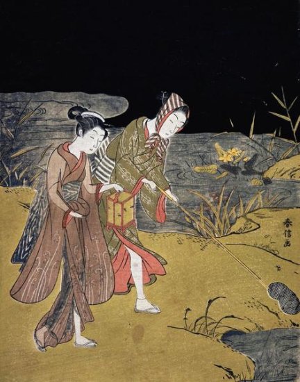 A Young Couple Catching Fireflies at Night on the Banks of a River