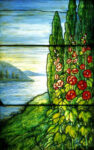 Red Blossoming Hollyhocks and Arbor Vitae 1 Just Wall Decor Red Blossoming Hollyhocks and Arbor Vitae